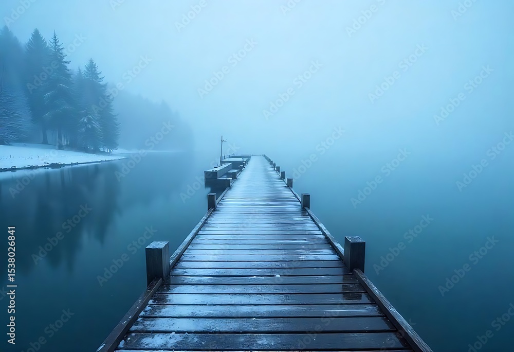 Naklejka premium Long wooden pier extends into a foggy lake under an overcast sky. Calm, moody nature scene ideal for travel, solitude, and atmospheric seasonal photography themes.