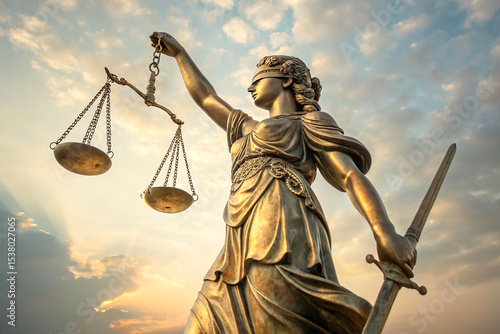 A majestic golden statue of Lady Justice holding the scales of balance, symbolizing fairness, law, and impartiality. 