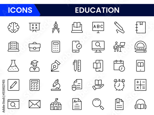 Engaging vector web line icons depicting education, learning tools, books, digital classrooms, and academic growth for knowledge advancement.
