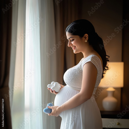 young indian pregnant woman sitting on sofa at home
