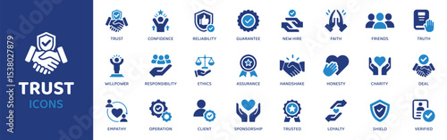 Trust - Icon Collection. Thin Line Set contains such Icons as Trust, Loyalty, Honesty, Integrity, Bond, Contract, Agreement and more. Simple web icons set.