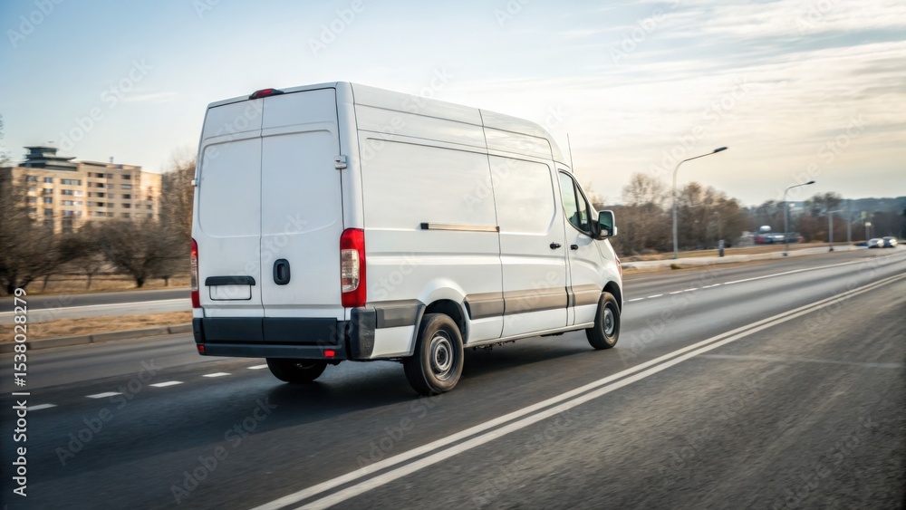 Fototapeta premium White Delivery Van Traveling on Urban Road with Modern Cityscape Background