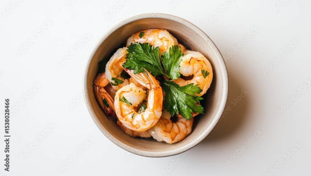 Cooked shrimp bowl, parsley garnish, white background, food photography, recipe
