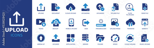 Upload - Icon Collection. Thin Line Set contains such Icons as Upload, Cloud, Arrow, Send, Submit, Transfer, Share and more. Simple web icons set.