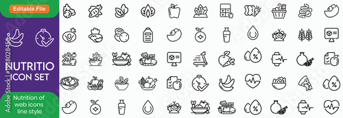 Nutrition set of web icons in line style. Healthy food linear icon collection. Containing food, vegetables, water, palm oil free, сaunt calories, zero trans fat, macrobiotics and more. Editable stroke