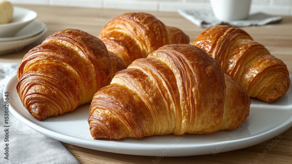 Fototapeta premium Freshly Baked Golden Croissants on a White Plate, Perfect for Breakfast or Brunch