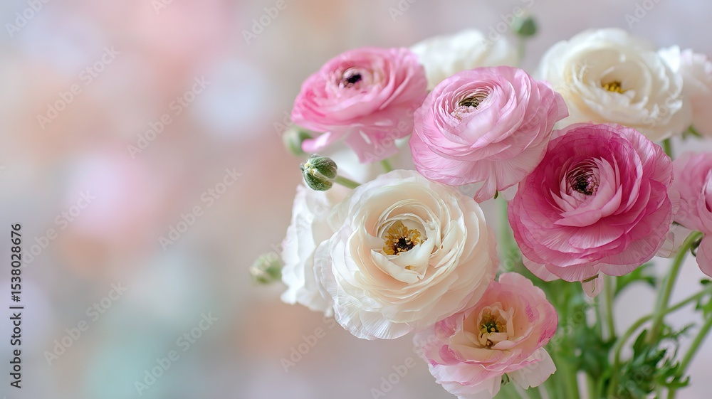 Pink and white ranunculus bouquet, a delicate floral centerpiece symbolizing grace and elegance. Pink and white ranunculus bouquet, a delicate floral centerpiece symbolizing grace and elegance.