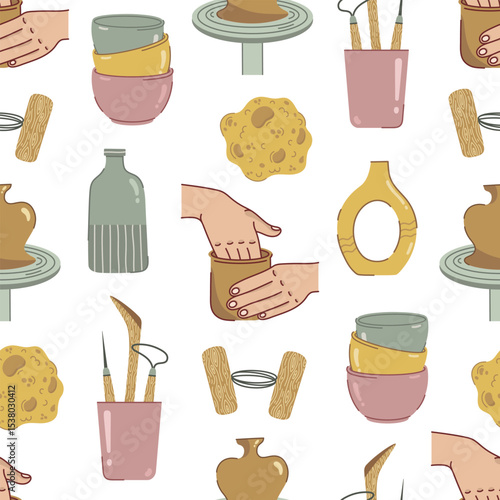 Pottery craft, seamless vector pattern. Artist sculpts from clay. Sponge, ceramic vases, porcelain tableware. Hands molding a mug, clay cutting wire. Tools for homemade shaping. Flat hobby ornament