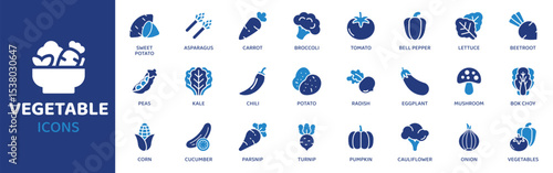 Vegetable - Icon Collection. Thin Line Set contains such Icons as Carrot, Tomato, Onion, Potato, Garlic, Broccoli, Lettuce and more. Simple web icons set.