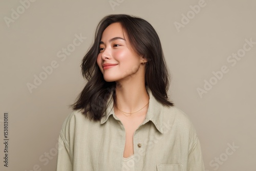 Woman smiles looking to her left in natural light. Portrait of happiness, gold jewelry, minimal style, fashion model, beauty and confidence
