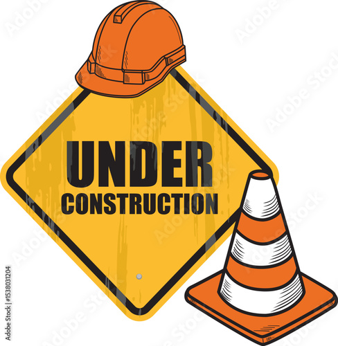 Hand drawn of Under construction with helmet,traffic cones  isolated on white background.