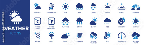 Weather - Icon Collection. Thin Line Set contains such Icons as Sun, Rain, Cloud, Thunder, Lightning, Snow, Storm and more. Simple web icons set.