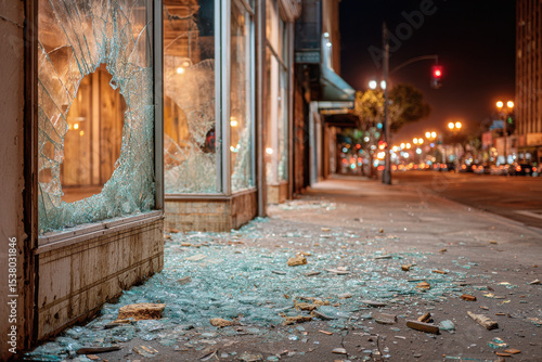 shattered storefronts in los angeles during nighttime riots glass shards scattered on ground