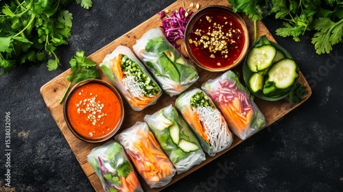 Flat lay of a fresh spring roll platter with sauces and bright vegetable fillings