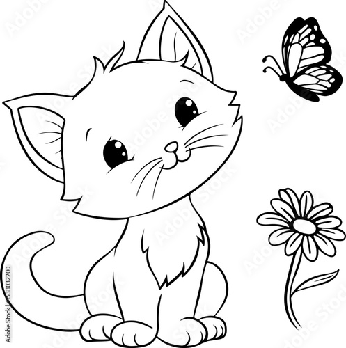 Adorable kitten sitting next to a butterfly and a flower, coloring page for children