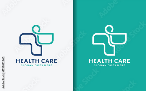 Abstract modern health logo combining human figure with medical cross, symbolizing holistic care and patient-centered service.