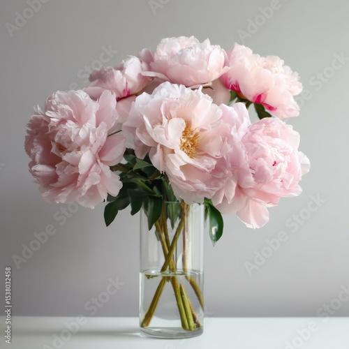 Fototapeta Naklejka Na Ścianę i Meble -  A simple arrangement of pink peonies in a clear glass vase, placed on a light grey background.