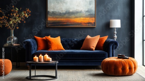 Navy sofa with orange pillows, framed art, candles, and poufs set a moody, stylish tone in a cozy room.