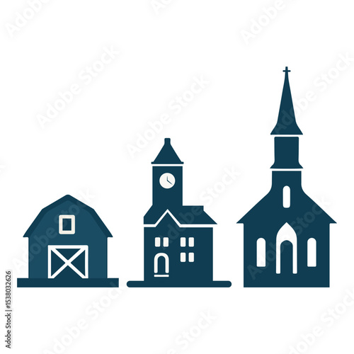 Town Hall , church , barn. icon vector illustration