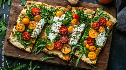 Overhead shot of a colorful veggie flatbread with cherry tomatoes, arugula, and goat cheese