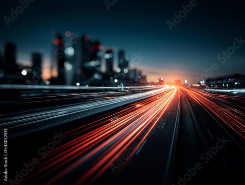 Blazing light trails stretch through a high-speed highway at night, slicing across a modern city skyline and symbolizing motion, technology, and the relentless pulse of urban life.