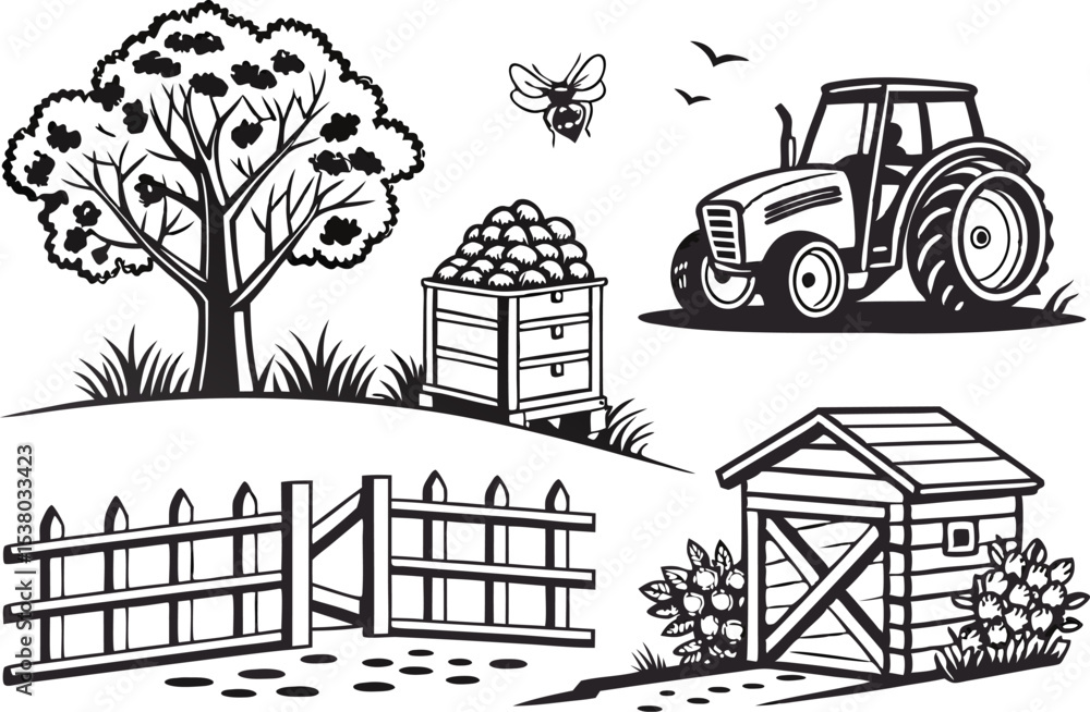 Naklejka premium Rustic Farm Scene with Tractor, Hive, and Fence