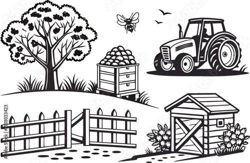Wallpaper Mural Rustic Farm Scene with Tractor, Hive, and Fence Torontodigital.ca