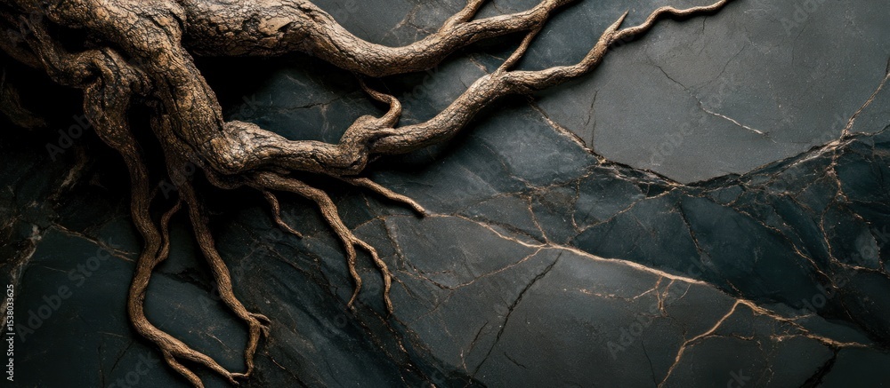 Fototapeta premium Dark roots on cracked stone background; nature texture