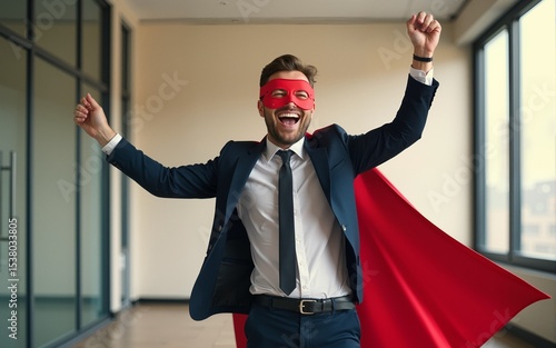 Joyful superhero businessperson or corporate employee dancing and fooling around. Funny goofy young office worker in super hero cape and mask having fun at end of work day happy it's time to go home