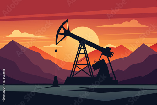 Silhouette of an oil pump jack operating against a backdrop of mountains and a sunset sky.