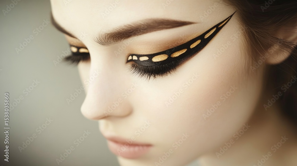 Elegant makeup design featuring bold, graphic eyeliner and strik Elegant makeup design featuring bold, graphic eyeliner and strik