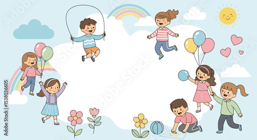 Adobe illustrator artwork vector illustration featuring a blank banner template, surrounded by happy kids enjoying various summer activities. Emphasizing happy kids and healthy kids lifestyle