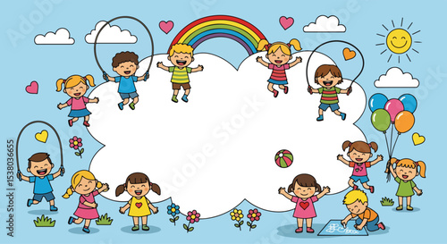 Adobe illustrator artwork vector illustration featuring a blank banner template, surrounded by happy kids enjoying various summer activities. Emphasizing happy kids and healthy kids lifestyle