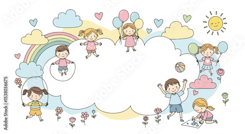 Adobe illustrator artwork vector illustration featuring a blank banner template, surrounded by happy kids enjoying various summer activities. Emphasizing happy kids and healthy kids lifestyle