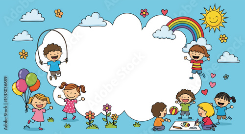 Adobe illustrator artwork vector illustration featuring a blank banner template, surrounded by happy kids enjoying various summer activities. Emphasizing happy kids and healthy kids lifestyle