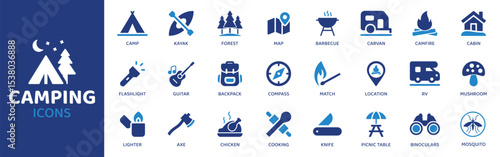 Camping - Icon Collection. Thin Line Set contains such Icons as Tent, Campfire, Backpack, Sleepingbag, Lantern, Compass, Hike and more. Simple web icons set.