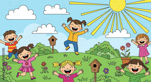 Adobe illustrator artwork vector illustration of happy kids jumping and playing outdoors in a sunny park, celebrating the joy of summer activities and childhood freedom