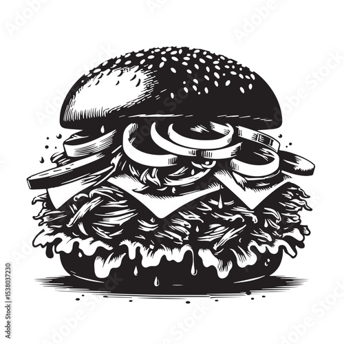 Black Pulled Pork Sandwich Silhouette Vector, High Quality Illustration on White Background