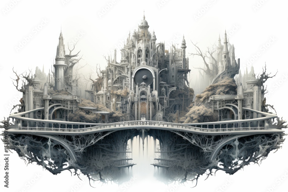 Fototapeta premium Enchanted castle on a bridge with intricate architecture and eerie surroundings