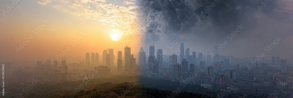 Obraz premium Comparison of Clean Air Environment and Polluted Air Conditions in Urban Landscape During Sunrise and Sunset