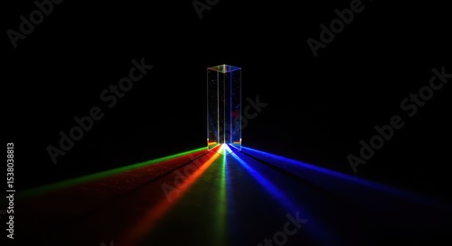 A prism demonstrating the dispersion of light into red, green, and blue components against a dark background.