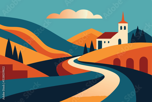 Colorful stylized illustration of a winding road through a valley with a church nestled in the hills.