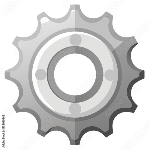 A metallic gray gear or cog wheel with jagged teeth around the perimeter and a circular center hub, rendered with gradient shading to give it a three-dimensional appearance.
