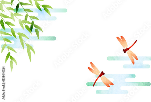 柳と赤とんぼの残暑見舞いはがき、横、イラスト、かわいい、和風