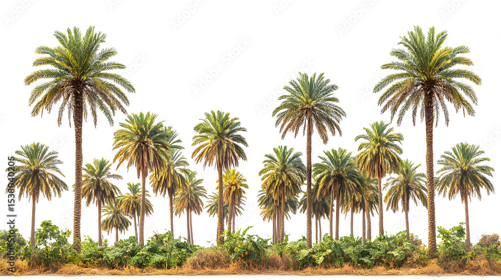 Obraz premium White background highlighting a single palm tree or a group of palm trees evoking tropical beach vacations under a summer sky