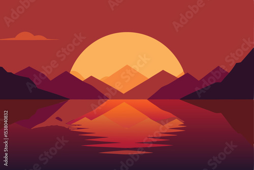 Serene sunset over tranquil lake, mountains reflecting in calm water.