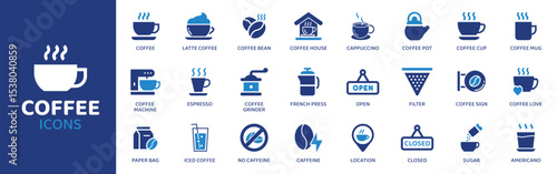 Coffee - Icon Collection. Thin Line Set contains such Icons as Coffee, Espresso, Latte, Cappuccino, Mocha, Americano, Brew and more. Simple web icons set.