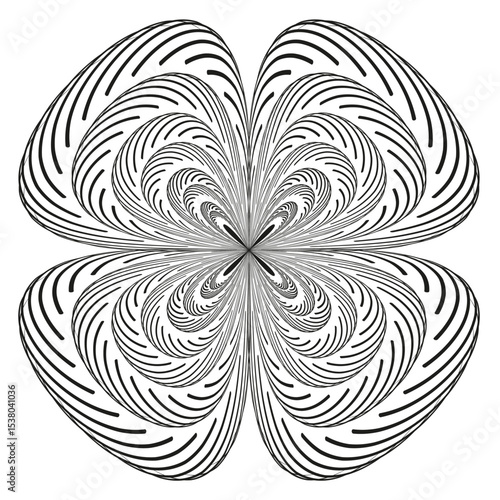 Floral spiral pattern. Abstract vector element. Geometric petal symbol. Black symmetry design.