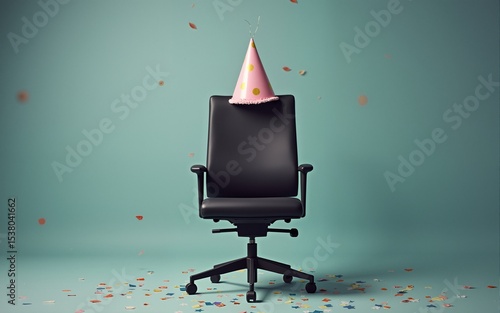 A serious office chair wearing a tiny party hat, confetti falling around it. High quality