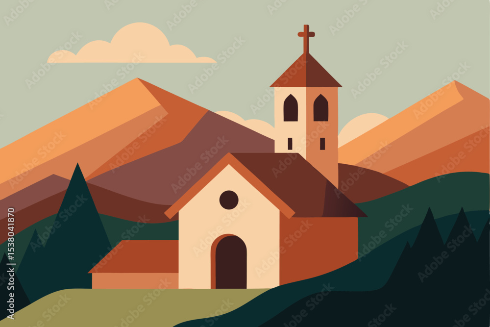 Naklejka premium A quaint church nestled in a valley with mountains and trees.